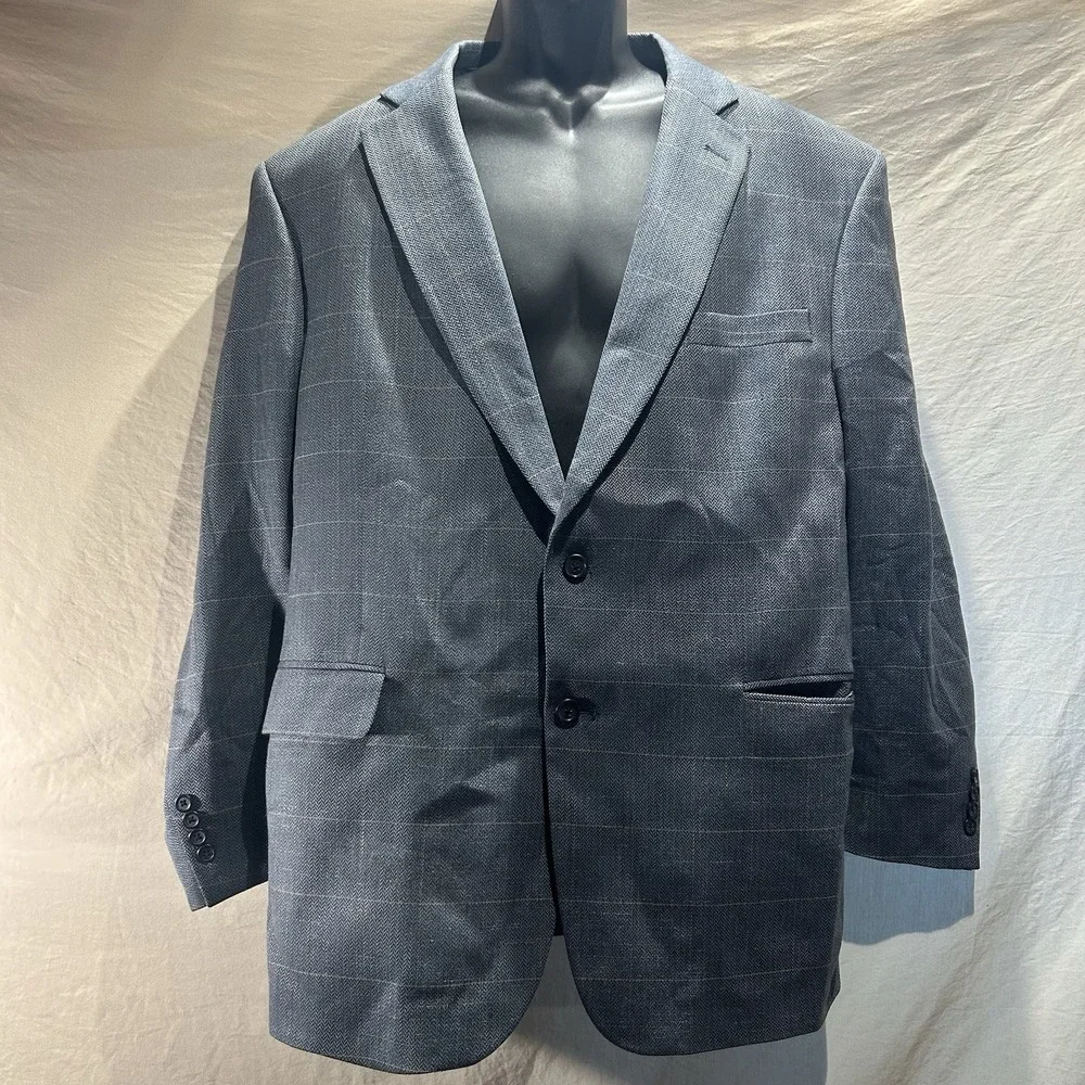 Jos A Bank Mens 46R Silk Wool Blend Blazer Blue Windowpane Plaid Sport Coat